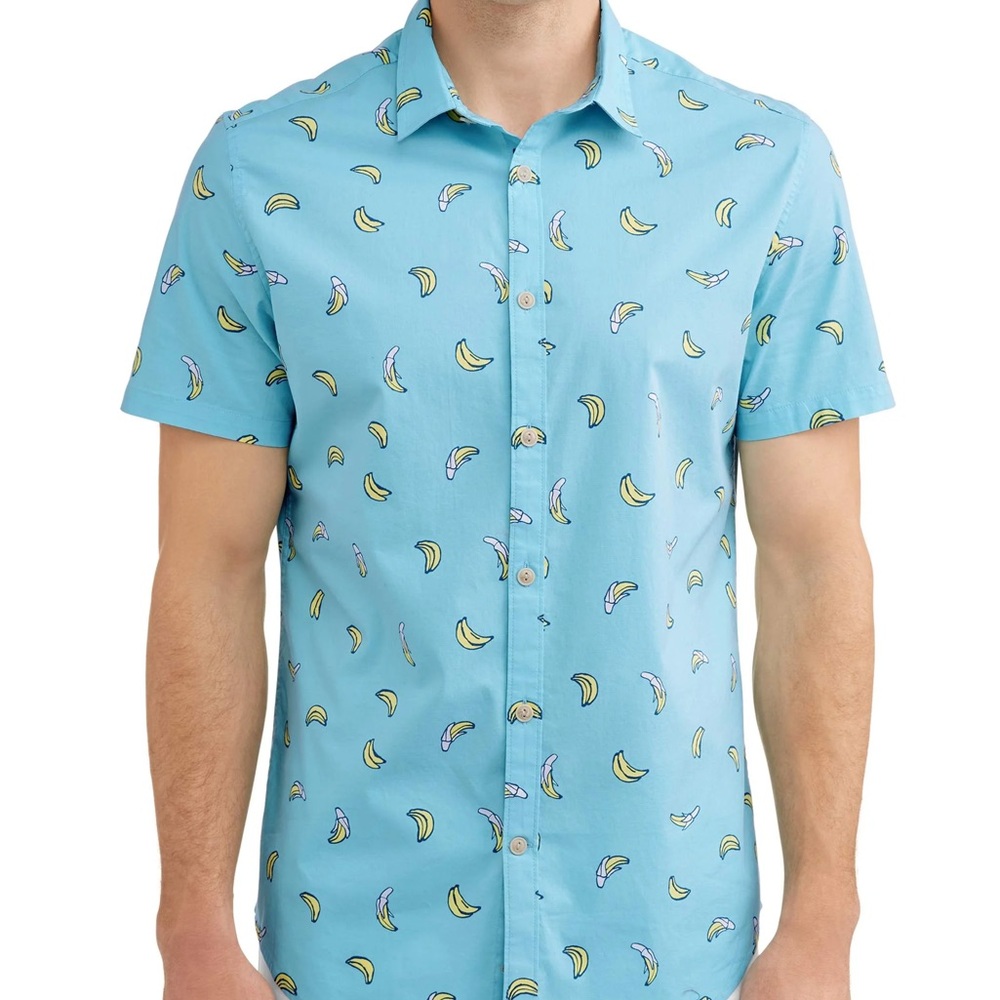 George Men's Casual Button Down Shirt - Green with Banana Print